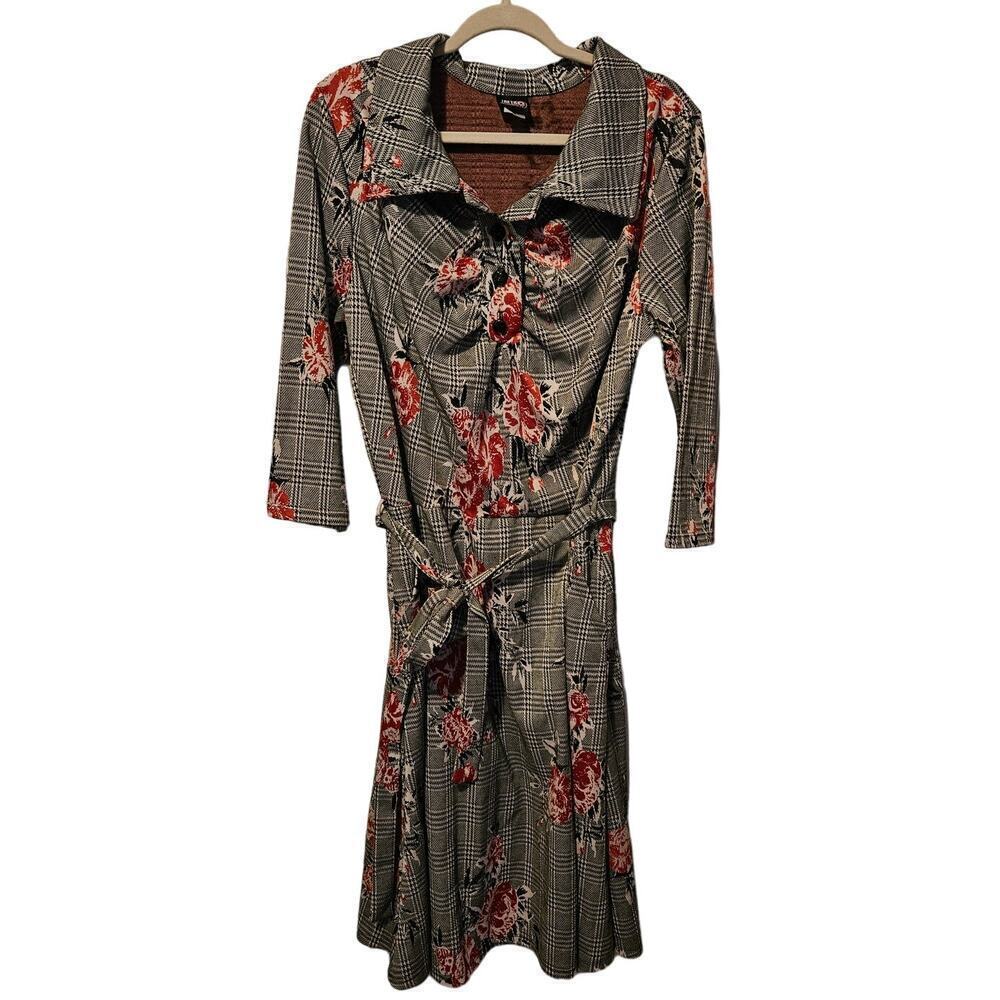 Retrolicious collared button‎ up floral houndstooth midi dress size 2X